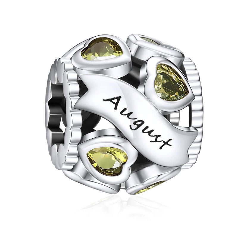 NINGAN August Birthstone Charms 925 Sterling Silver Love Heart Openwork Bead for Charm Bracelets and Necklaces with 5A Cubic Zirconia, Birthday Mothers Day Jewelry Gifts Women